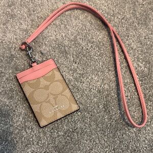 Coach Signature Canvas Cardholder Lanyard in Tan and Pink
